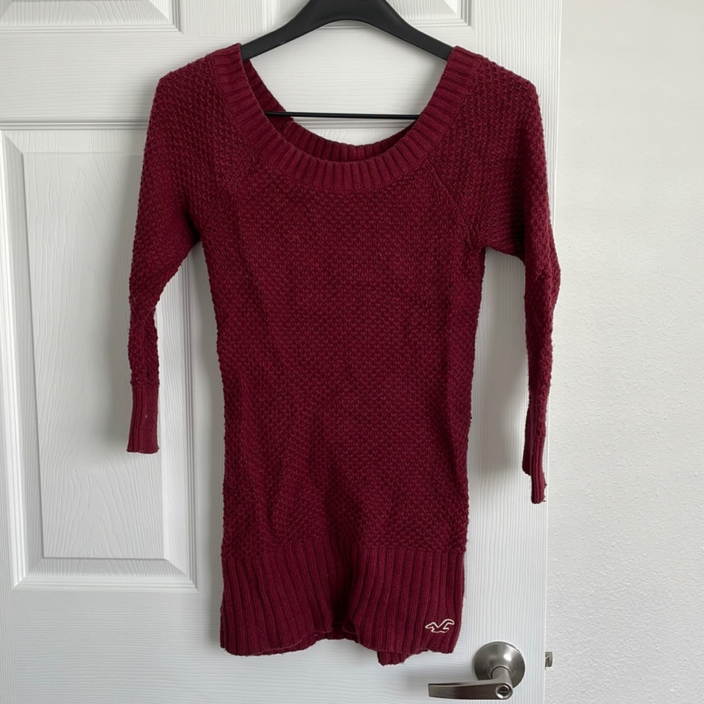 Wide Scoop Neck Off Shoulder Longline Burgundy Maroon Knit 3/4 Sleeve Sweater